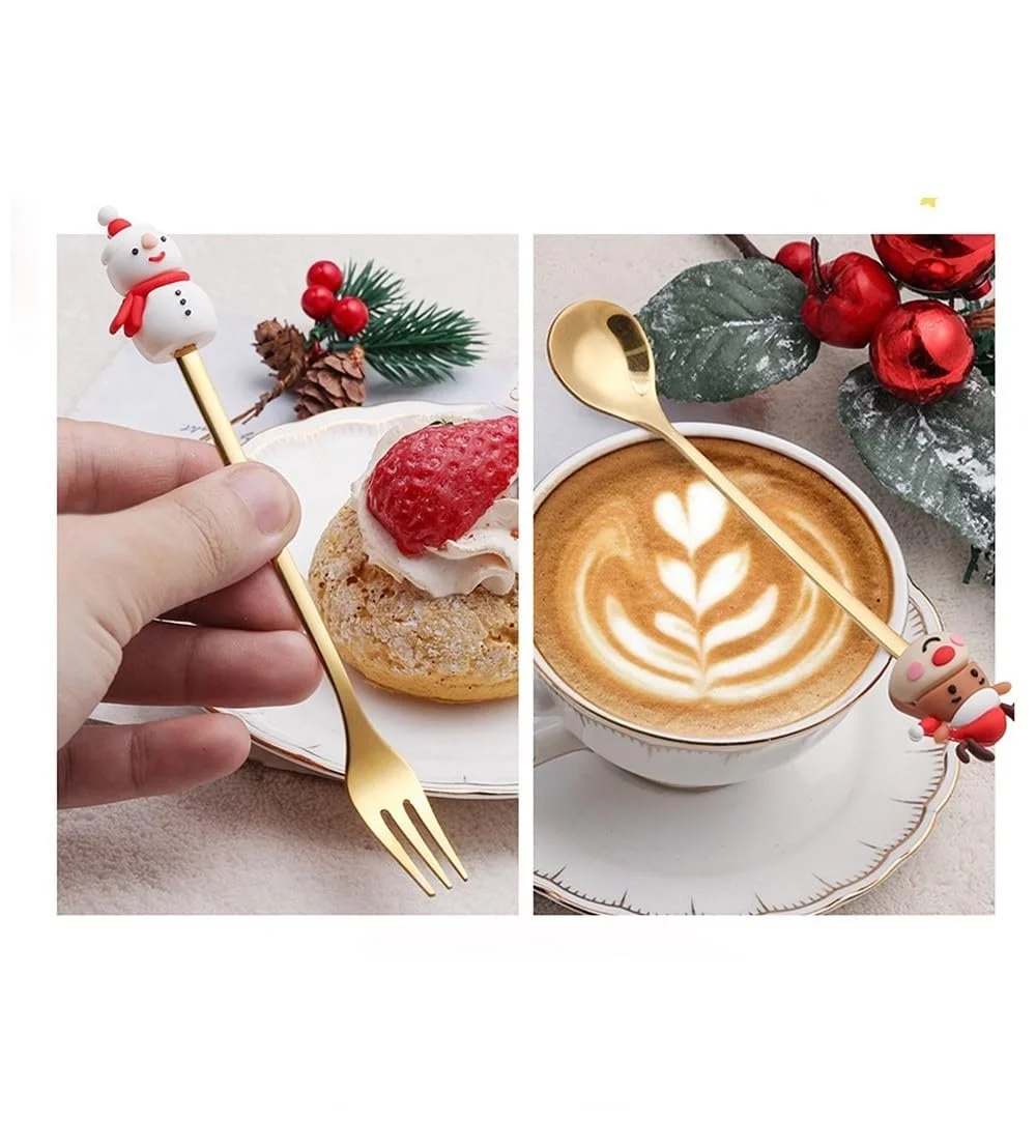 Набор столовой посуды Рождественский, Рождественская ложка, Кофейная ложка, Ложка для торта, Рождественская вилка, Десертная вилка, 3D мультяшная фигурка, 4 шт, Набор рождественских столовых приборов (B), фото №7