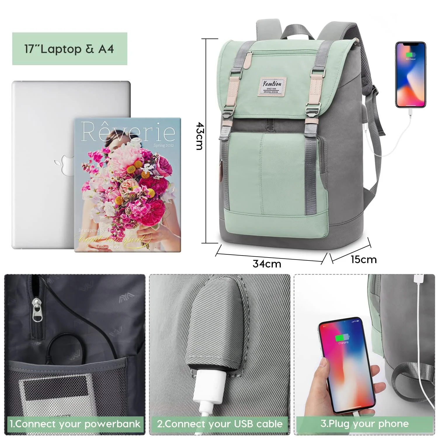 Рюкзак для ноутбука YAMTION 17 дюймів USB Unisex, фото №6