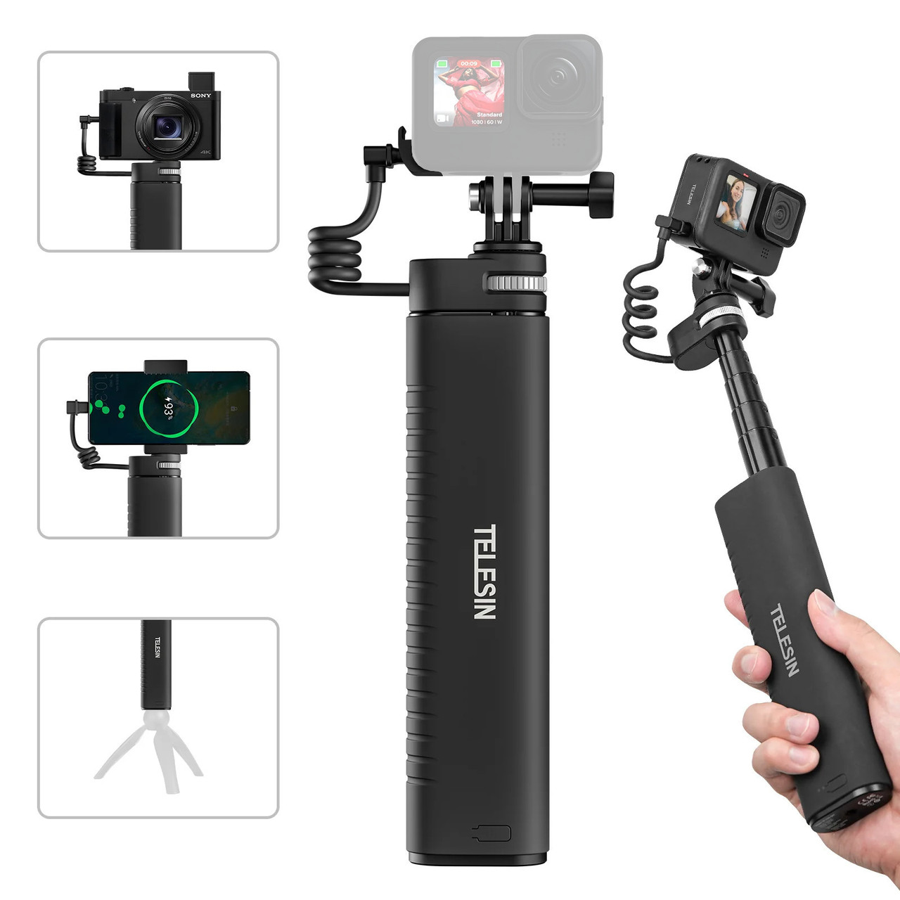 Ручка повербанк монопод для GoPro 11/10/9 телефону камери 10000мАг Type-C QC/PD3.0 Telesin TE-CSS-001, фото №1