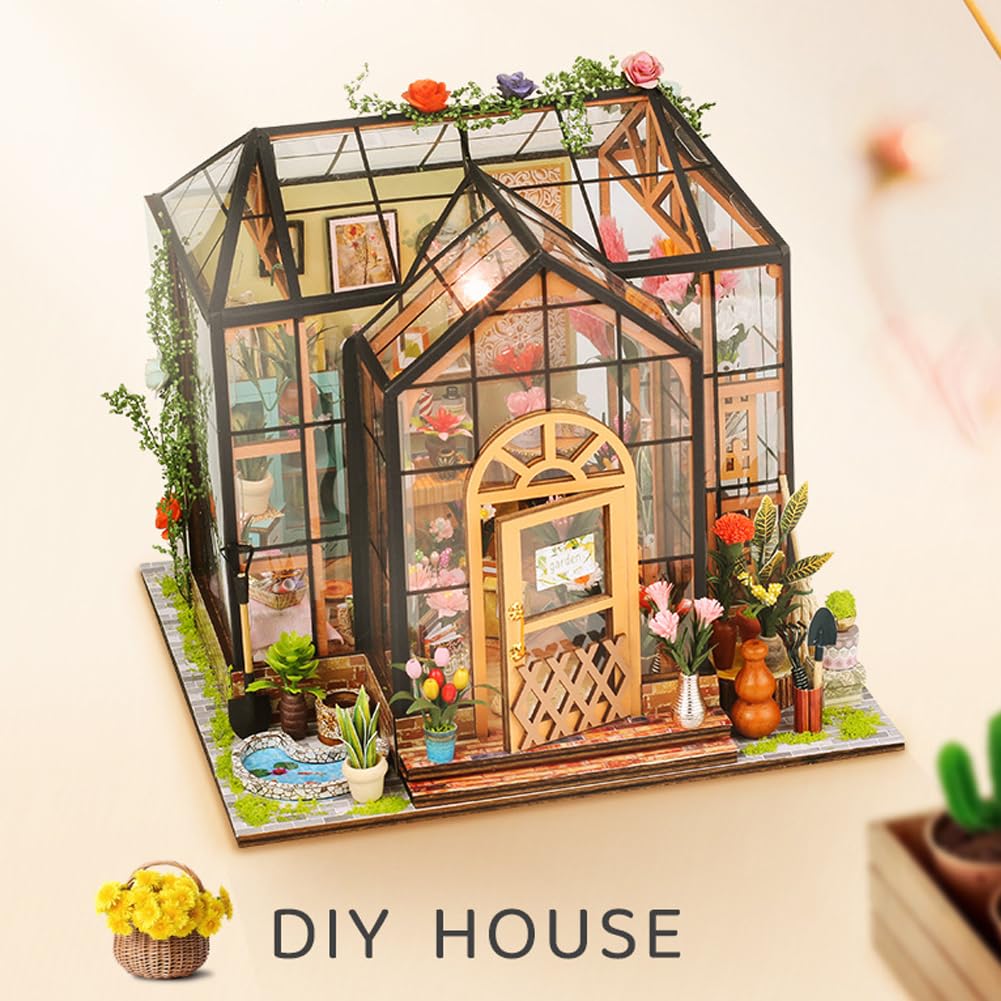 Миниатюрный набор Стеклянный цветочный домик DIY Кукольный дом с мебелью светодиодными лампами Деревянная головоломка для рукоделия для взрослых и подростков подарок на день рождения, фото №3