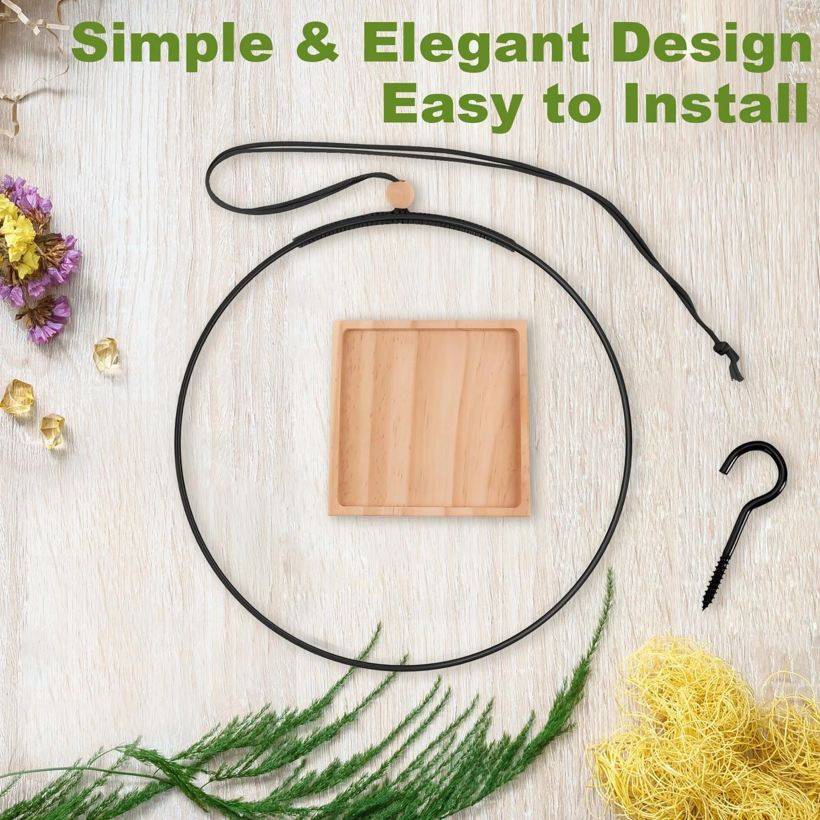 Подвесная корзина SI SEN Деревянное основание Металлический каркас Диаметр 30 см Крючок в комплекте, фото №3