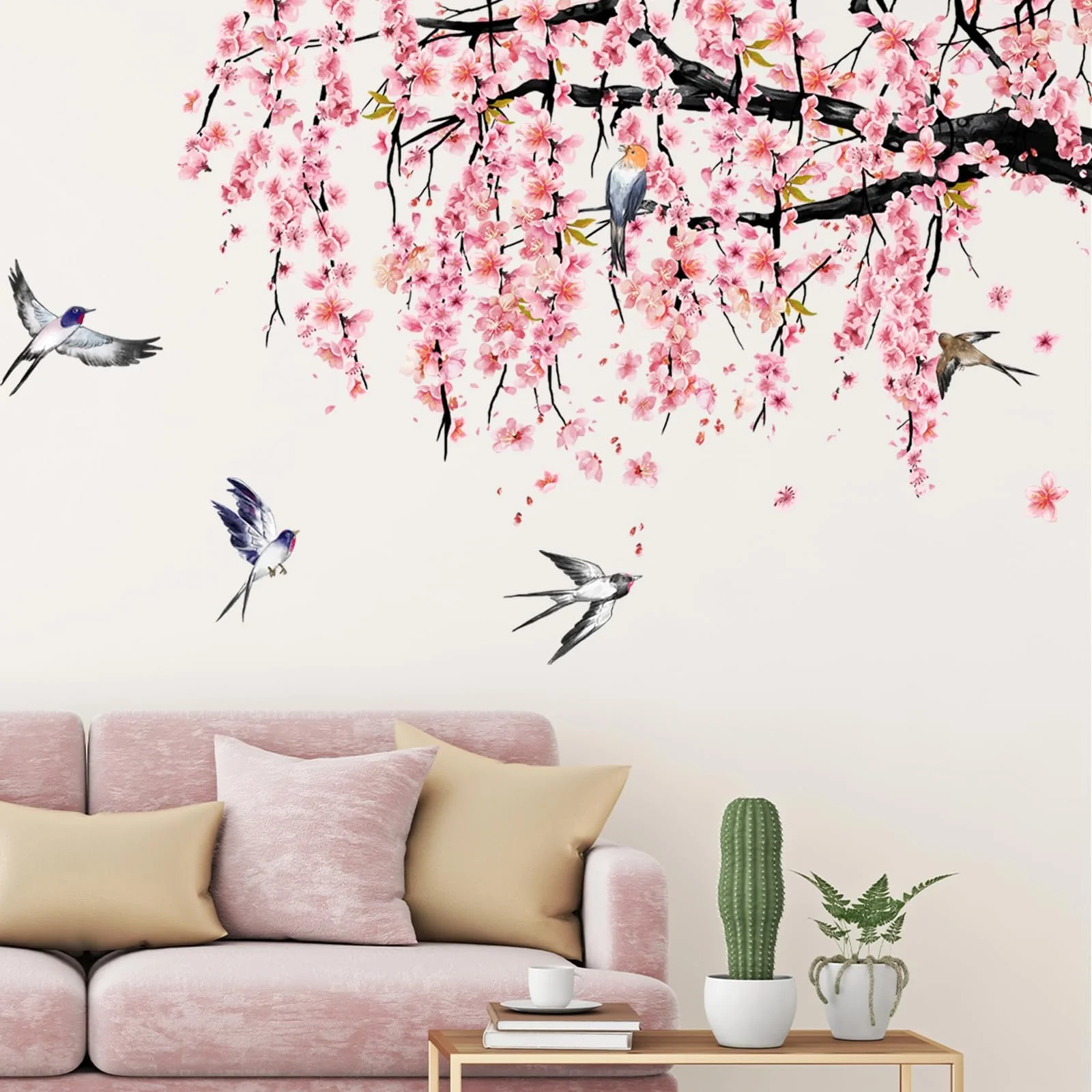Наклейка на стіну Watercolour Cherry Blossom Birds Pink Tree Branch велика Рожевий, фото №1