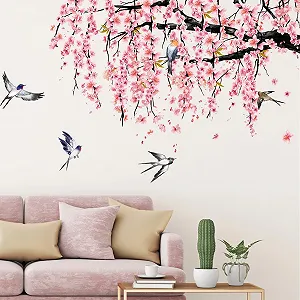 Наклейка на стіну Watercolour Cherry Blossom Birds Pink Tree Branch велика Рожевий - Фото 1