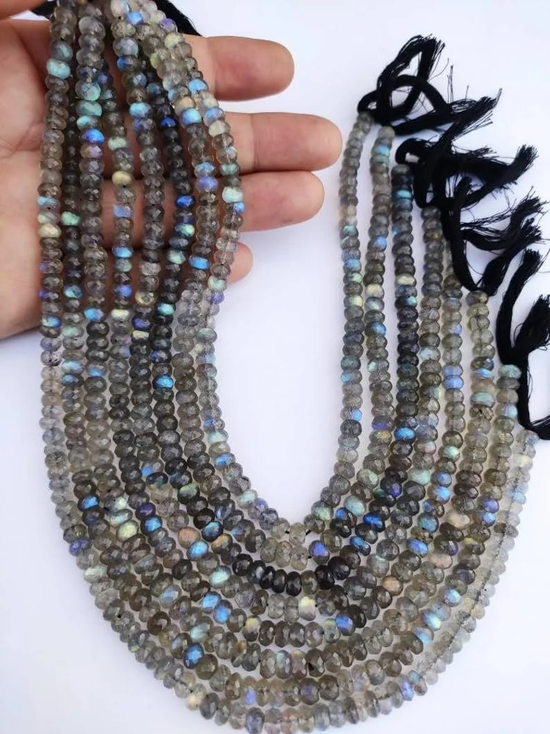 Намистини з лабрадориту круглі грановані, 6.5-7 мм, нитка довжиною 33 см, для намиста, браслета, фото №1