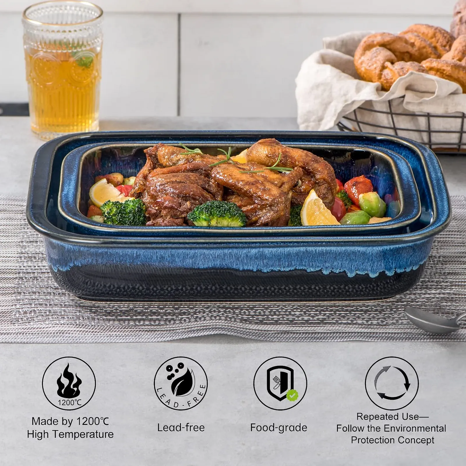 Форма для запекания UNICASA керамическая, квадратная, с ручками Синяя, фото №4 Форма для запекания UNICASA керамическая, квадратная, с ручками Синяя, фото №4