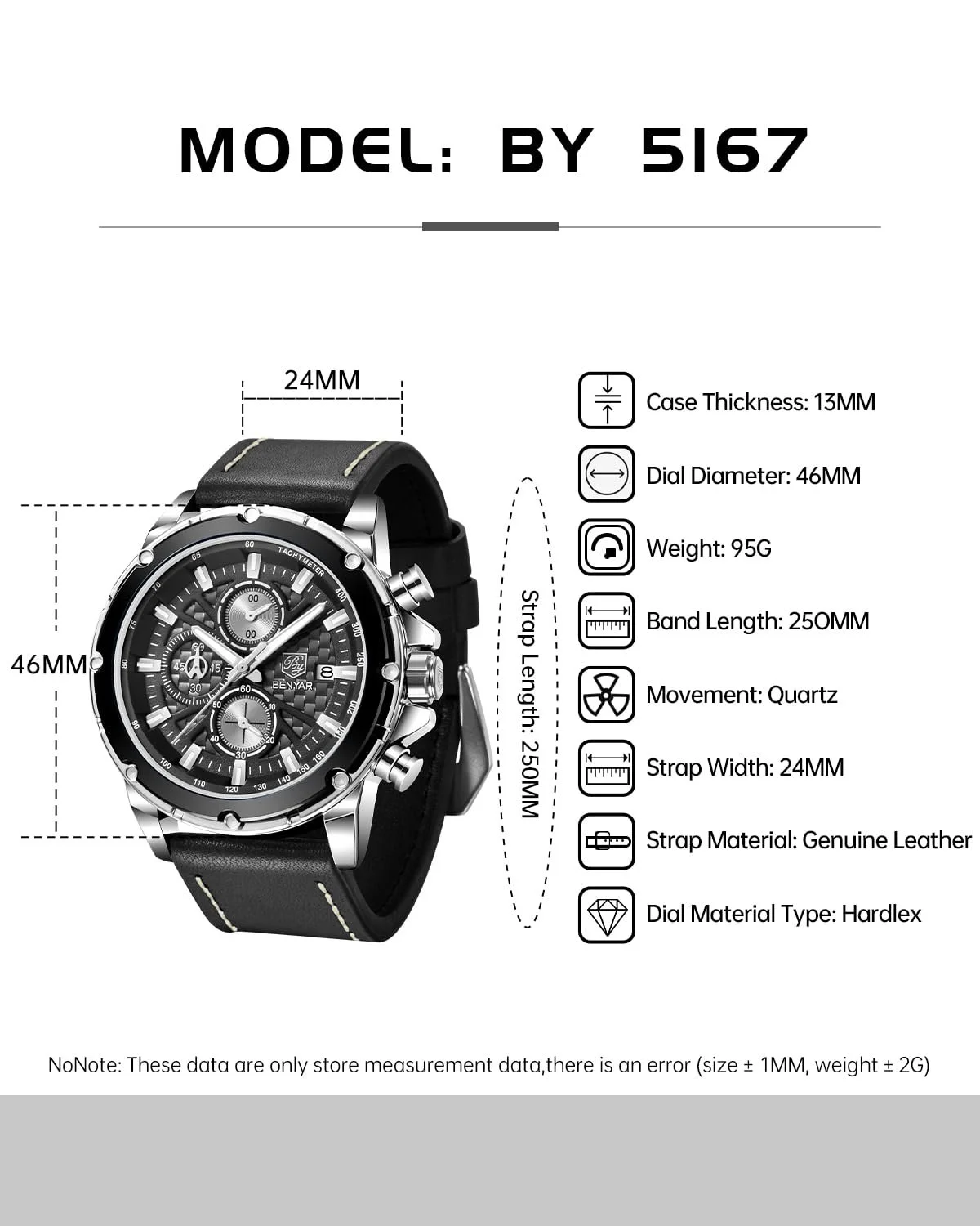 Чоловічий годинник BY BENYAR Кварцовий Хронограф Шкіряний Ремінець Чорний, фото №6