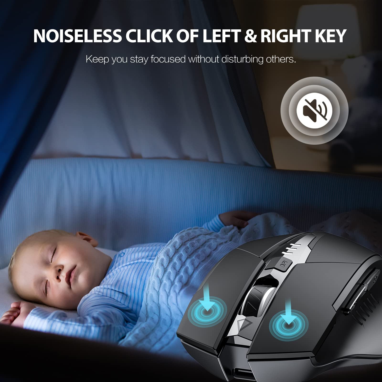 Мышь Беспроводная Inphic Pro 2.4G 1600DPI USB с индикатором уровня заряда батареи, 6 кнопок, USB-приемник, Черный, фото №4