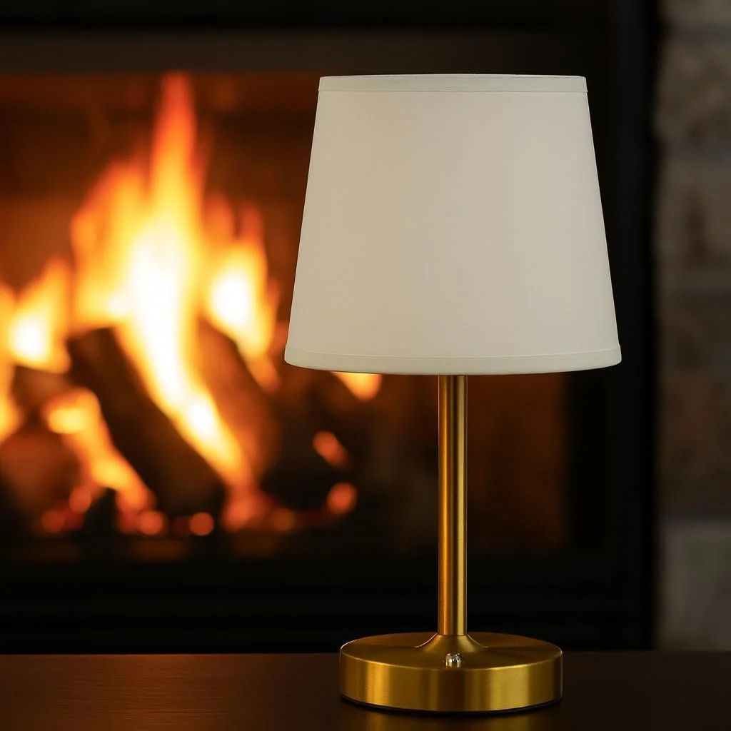 Настільна лампа N-L-E LED димована регульована висота тканинний абажур золота, фото №5