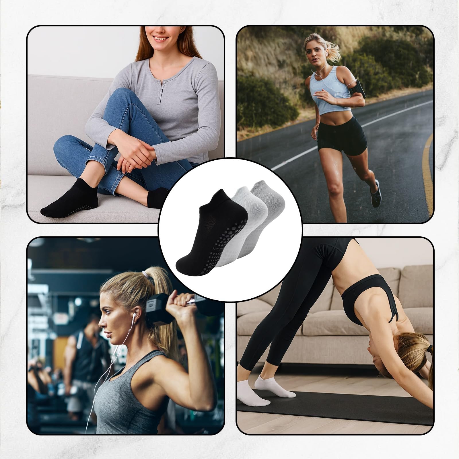 Носки для йоги Женские 39-42, 3 пары Нескользящие носки для йоги с grip, Удобные дышащие носки для йоги и пилатеса, Белый Серый Черный, фото №6