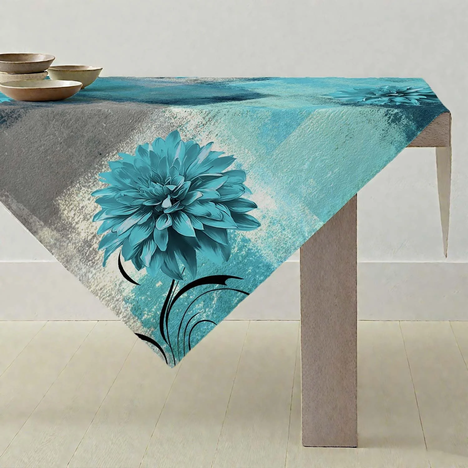 Скатертина Retro Turquoise Grey Flower Farmhouse Rustic Oil Painting Washable 85 x 85 см, фото №1