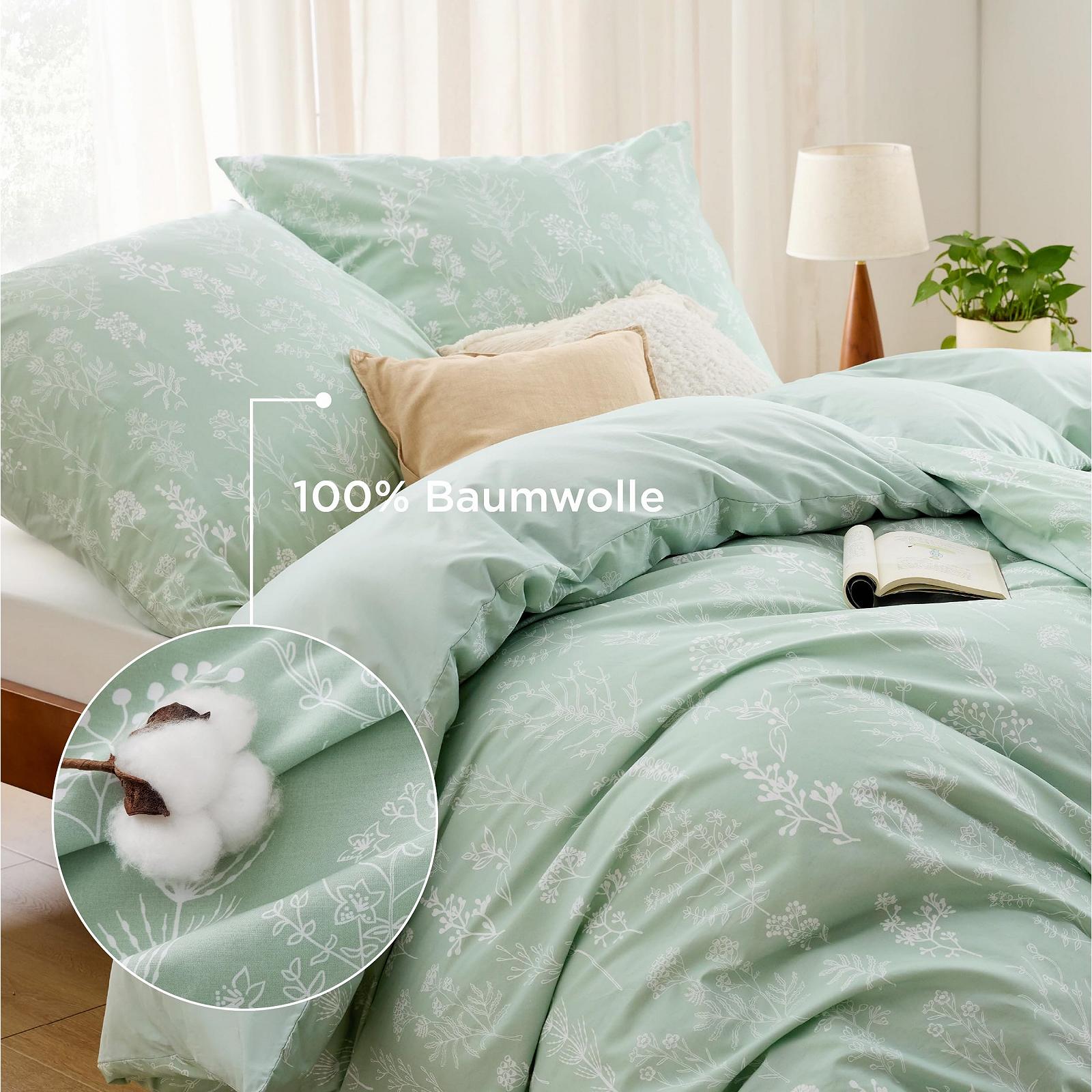 Постільна білизна BEDSURE 135 x 200 см, 4 предмети, бавовняна, з малюнком рослин і квітів, зелений, 2 підковдри з 2 наволочками 80 x 80 см, фото №3