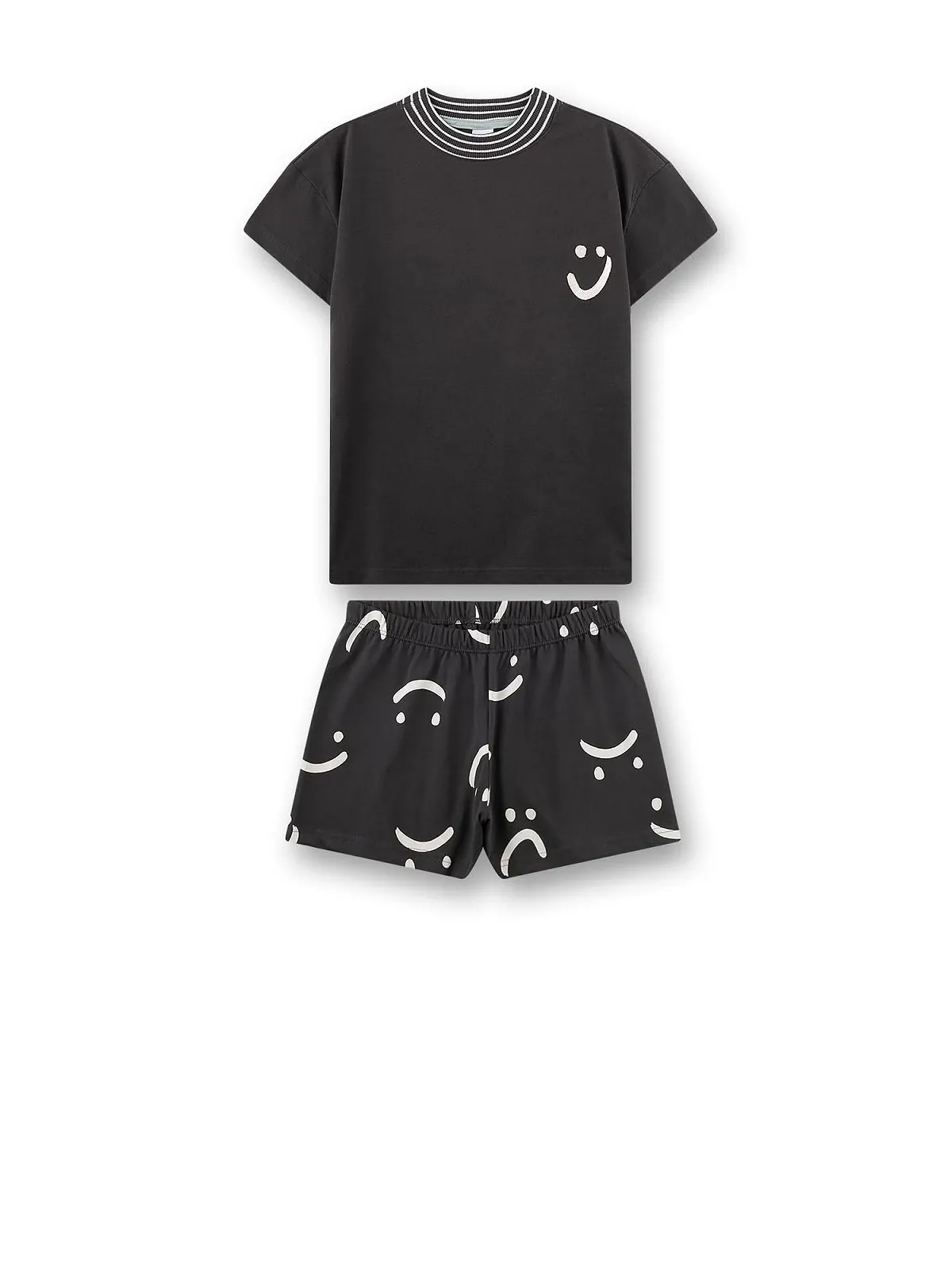 Короткий пижамный комплект Sanetta для девочки, серый, с лицами, фото №1 Короткий пижамный комплект Sanetta для девочки, серый, с лицами, фото №1