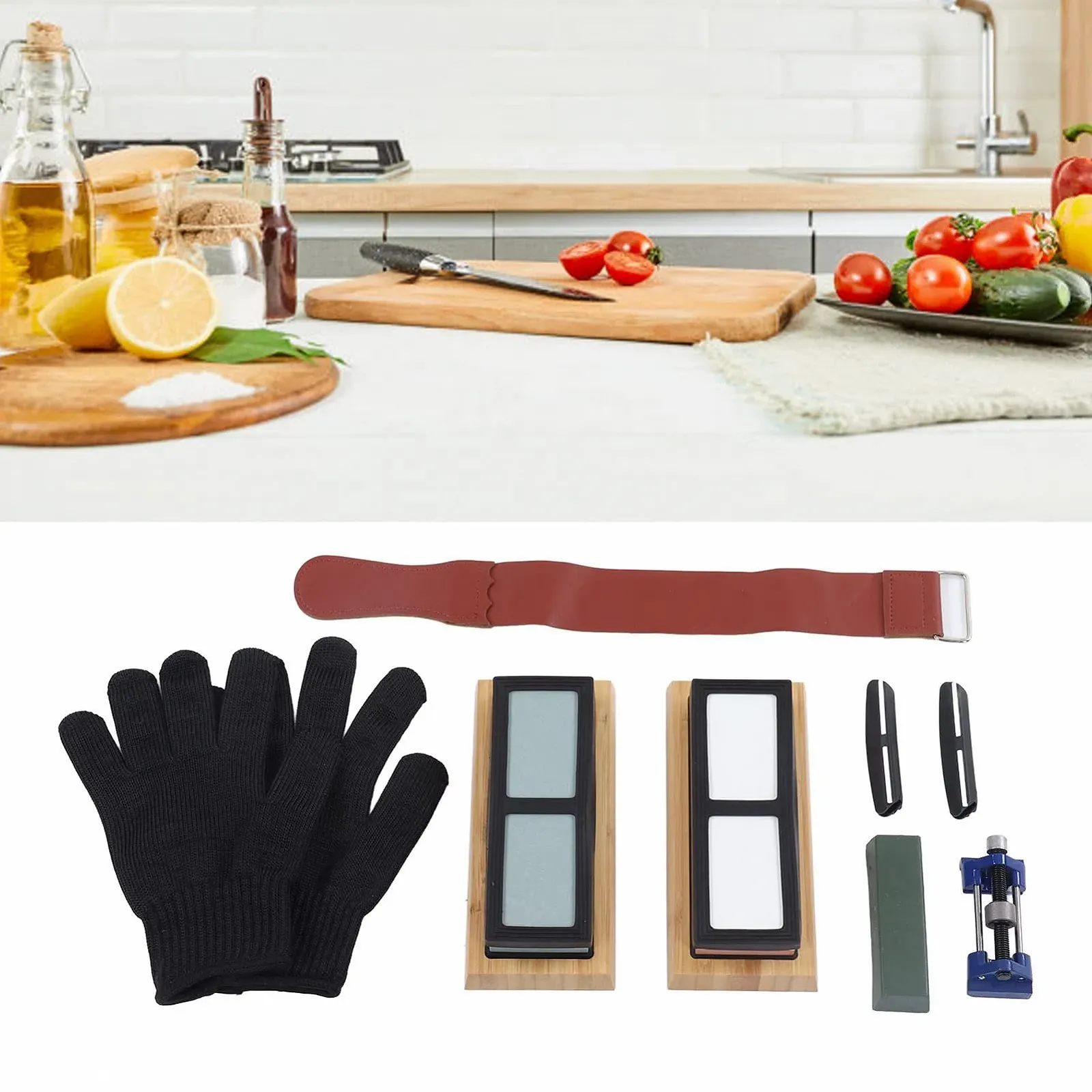 Набор точильных камней 400/1000 и 3000/8000 Grit с направляющей и перчатками, фото №6