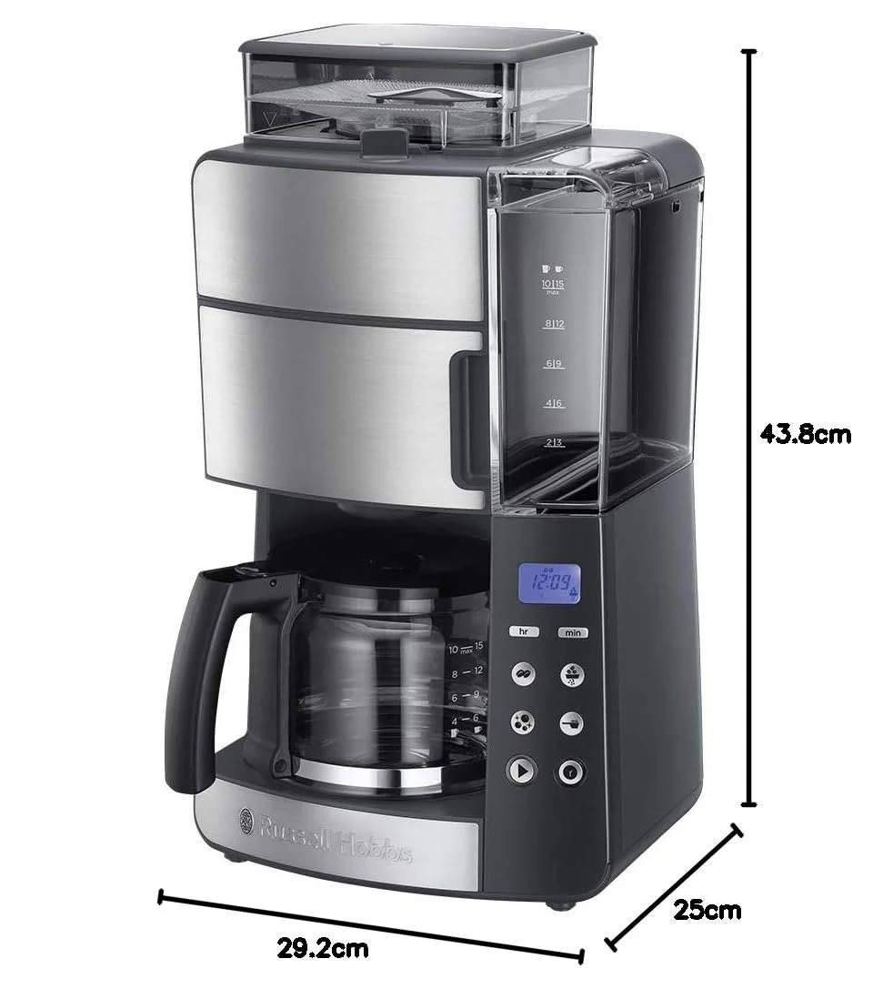 Кавоварка з кавомолкою Russell Hobbs Grind & Brew 25610-56, скляний глечик до 10 чашок, цифровий програмований таймер, 3 рівні помелу, 1000 Вт, сіра, фото №12