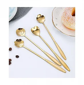 Набор ложек из нержавеющей стали 4 креативные длинные ложки с узором вишневого цвета и цветочным узором, золотые кофейные ложки synthetic.ua - Фото 1