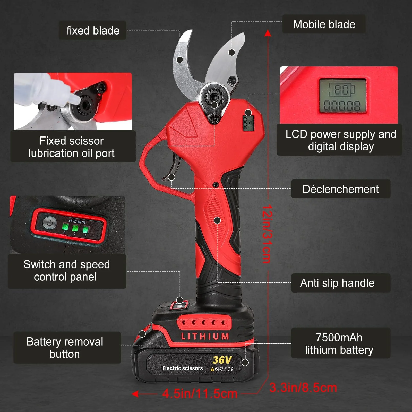 Секатор акумуляторний 900 Вт професійний електричний з РК-дисплеєм, діаметр різання 40 мм, 2 x 7500 мАг 36 В батареї, фото №4