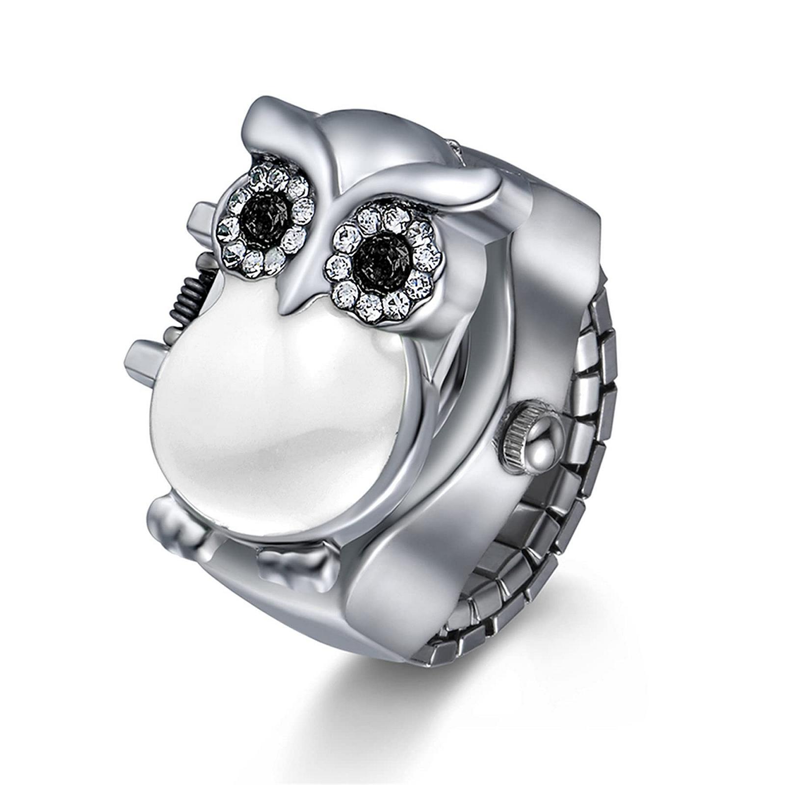 Кольцо-часы JewelryWe Женские Аналоговые Кварцевые Часы-кольцо Эластичное Кольцо из нержавеющей стали Декоративная сова Белый Черный Красный, фото №1