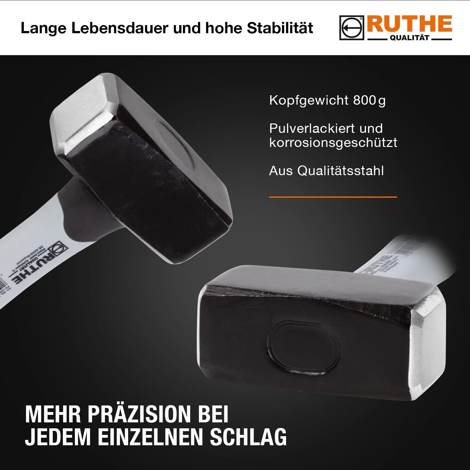 Кувалда RUTHE 800 г 3-компонентна рукоятка DIN 6475 скловолокно Сірий/Чорний, фото №3