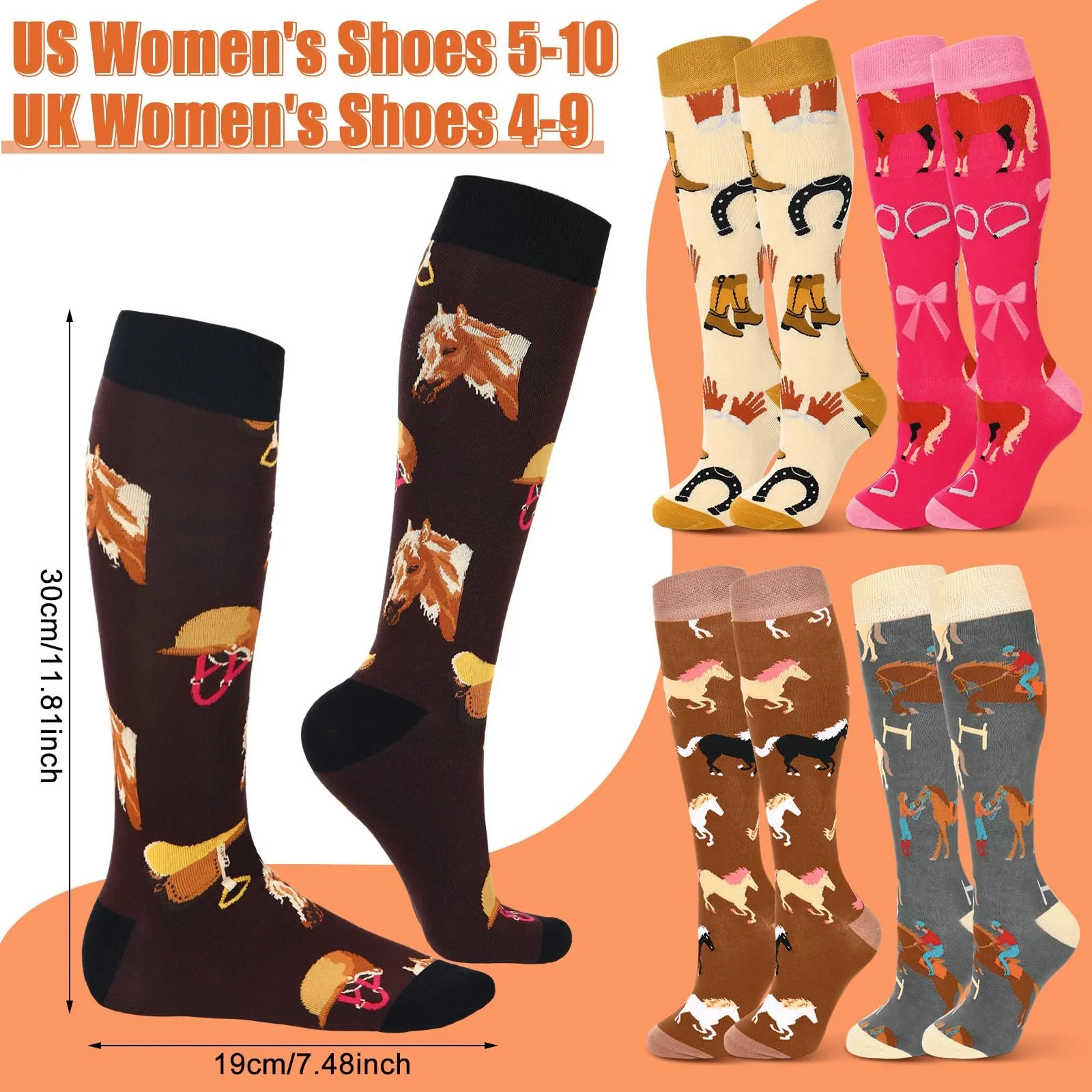 Носки Sintege с лошадьми, 5 пар, длинные носки для верховой езды, цветные носки до колена с рисунком животных, забавный подарок для любителей лошадей и всадников, фото №3