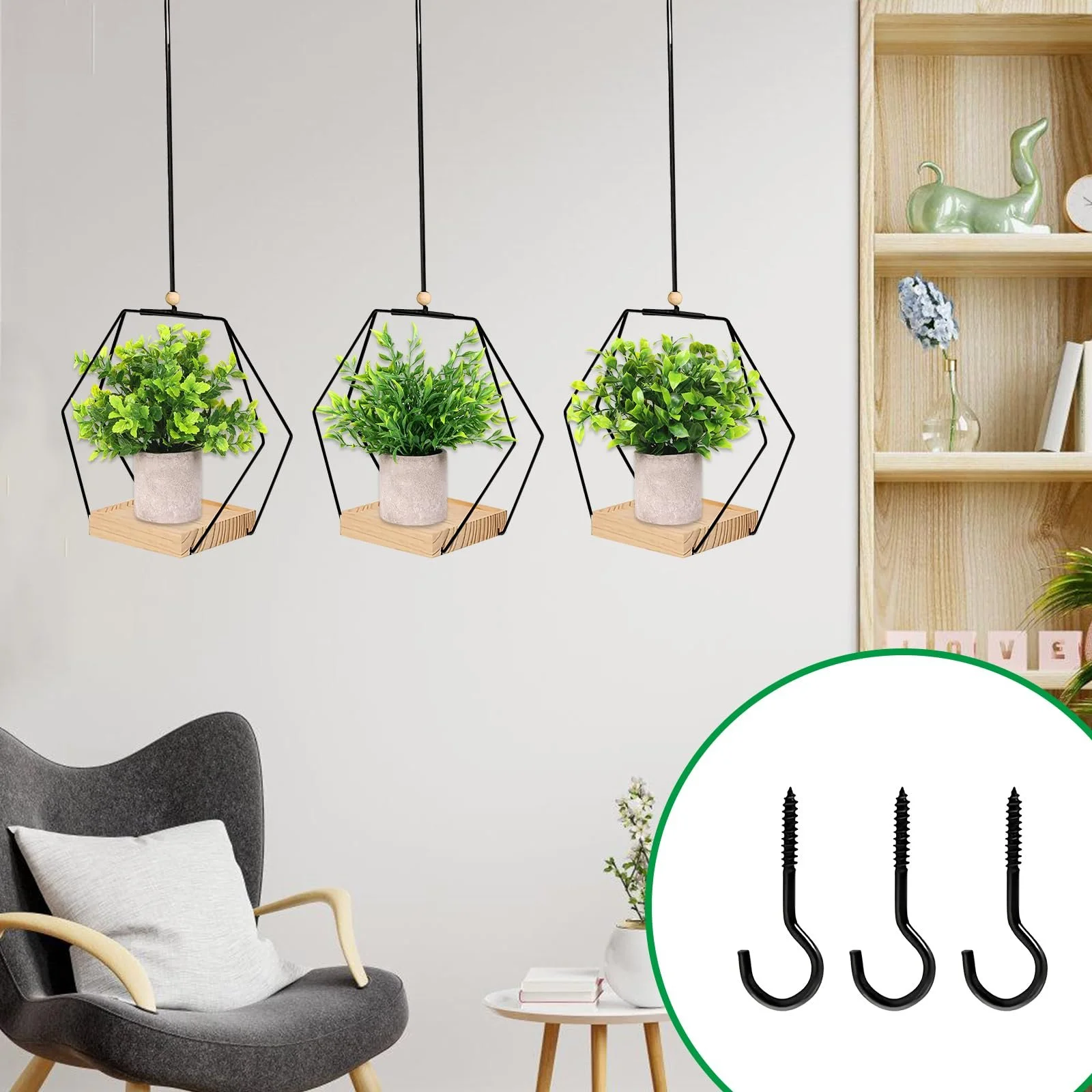 Подвесные корзины набор 3 шт. металлическое кольцо деревянное основание Бохо черные, фото №6