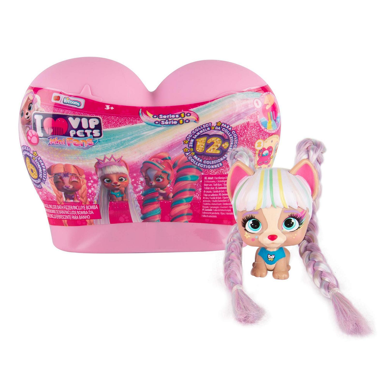 Фігурка VIP PETS Mini Fans Колекційна Собачка-сюрприз з дуже довгим блискучим волоссям і гребінцем, Чарівна веселка у воді при розпакуванні, Модель ляльки випадкова, фото №1