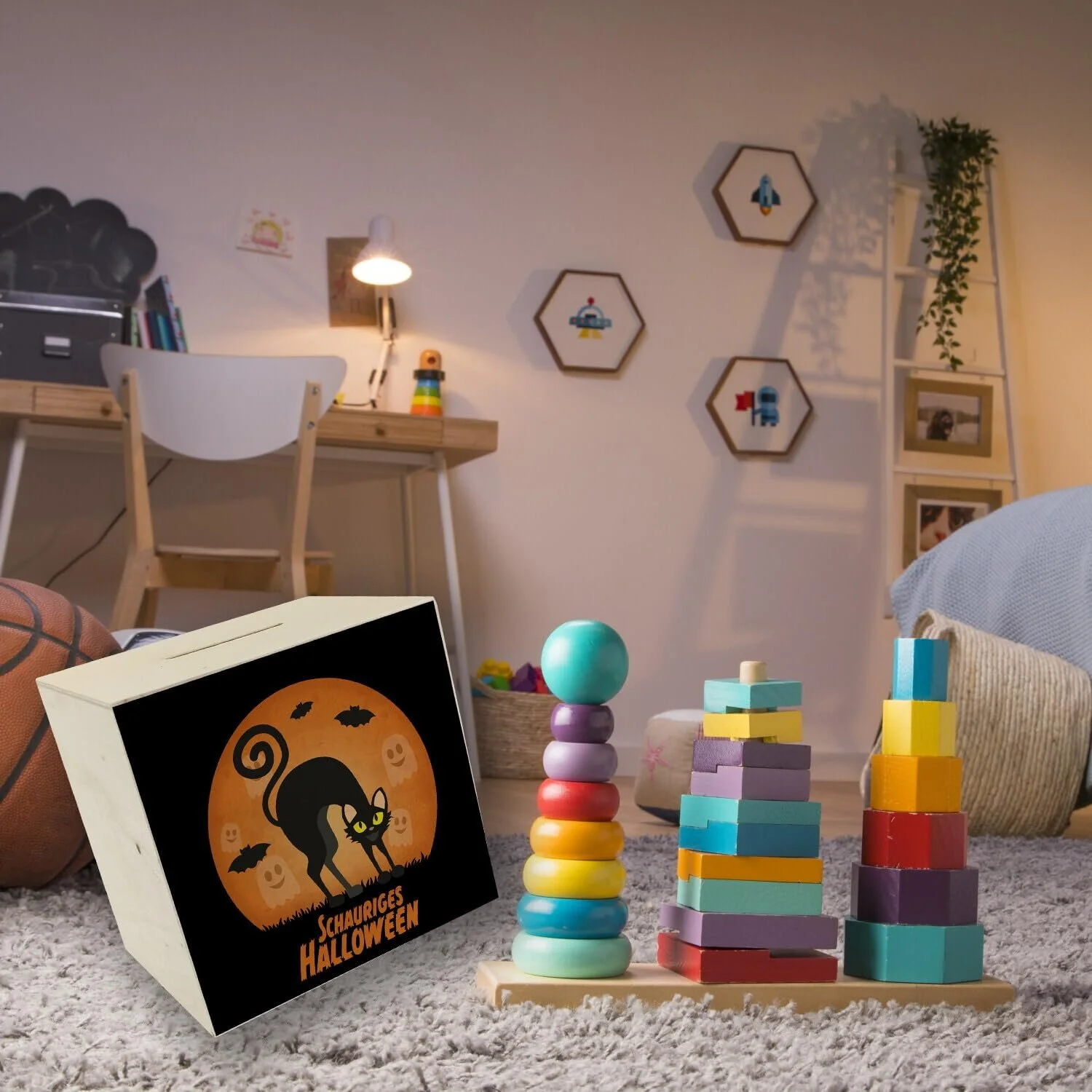 Скарбничка дерев'яна Хелловін чорна кішка місячний мотив, фото №6