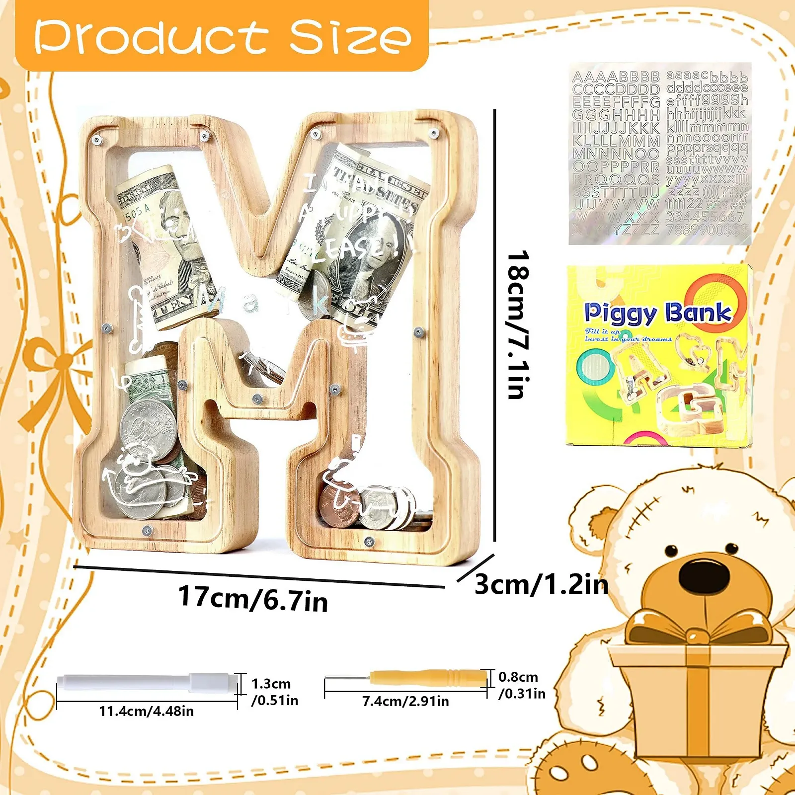 Детская деревянная копилка Lakpopya Персонализированная прозрачная в форме буквы M, фото №2