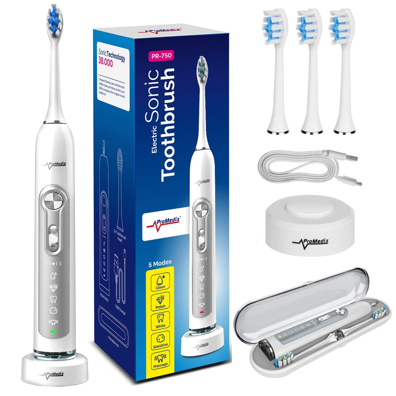 Звуковая зубная щетка Promedix PR-750 Diamond Smile, водонепроницаемая IPX7, электрическая, беспроводная, 5 режимов, таймер, 3 уровня мощности, 3 насадки, белая или черная, фото №1
