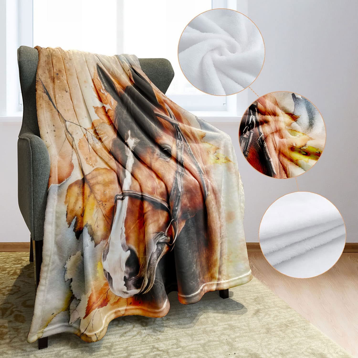 Одеяло Zomer Плюшевое 150 x 200 см Высококачественное Мягкое и Теплое Флисовое одеяло как покрывало на кровать Диванное одеяло с рисунком Кленового листа и Лошади, фото №4