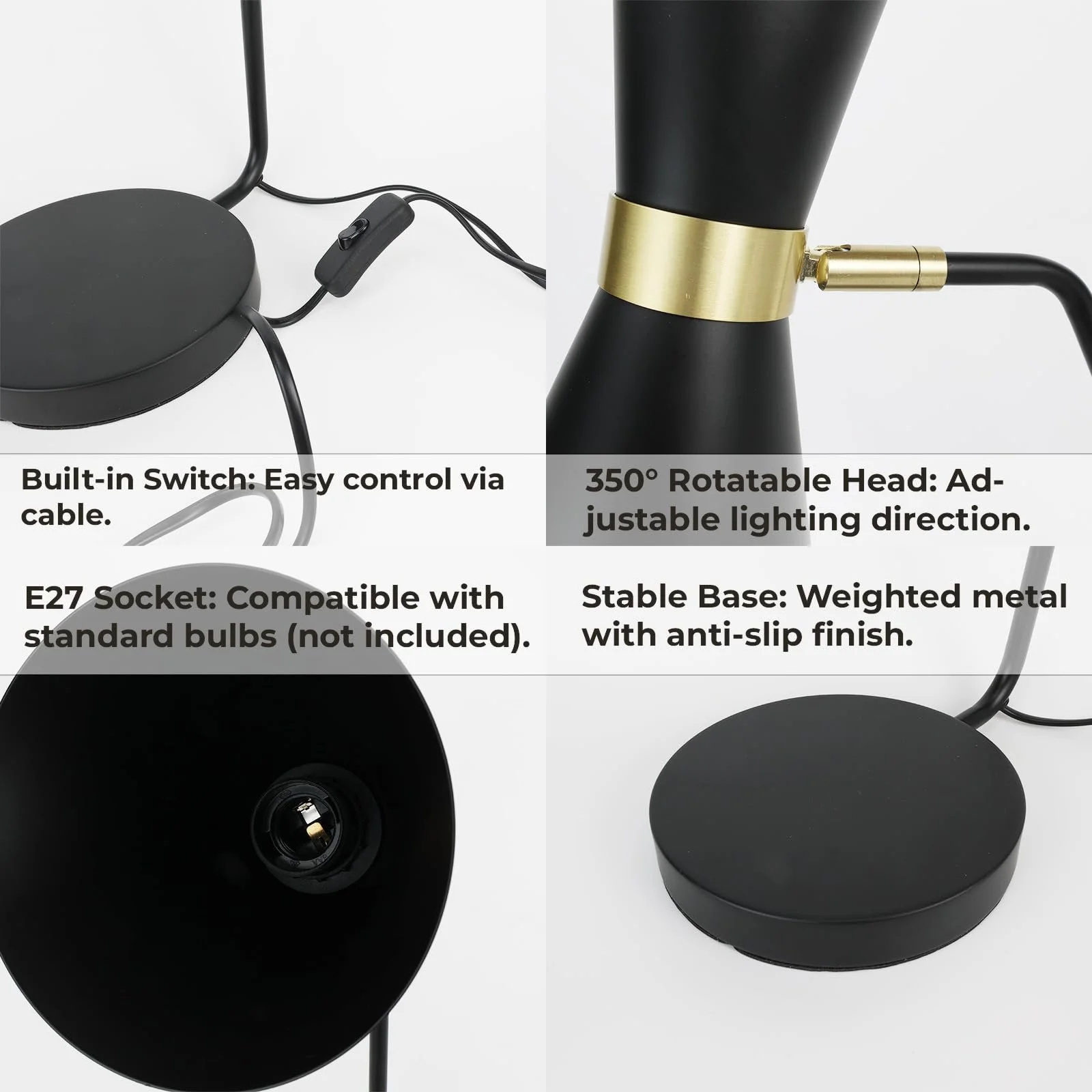 Настільна лампа Alpinaluz Modern Nordic Металева з поворотним плафоном E27 Чорна із золотом, фото №5