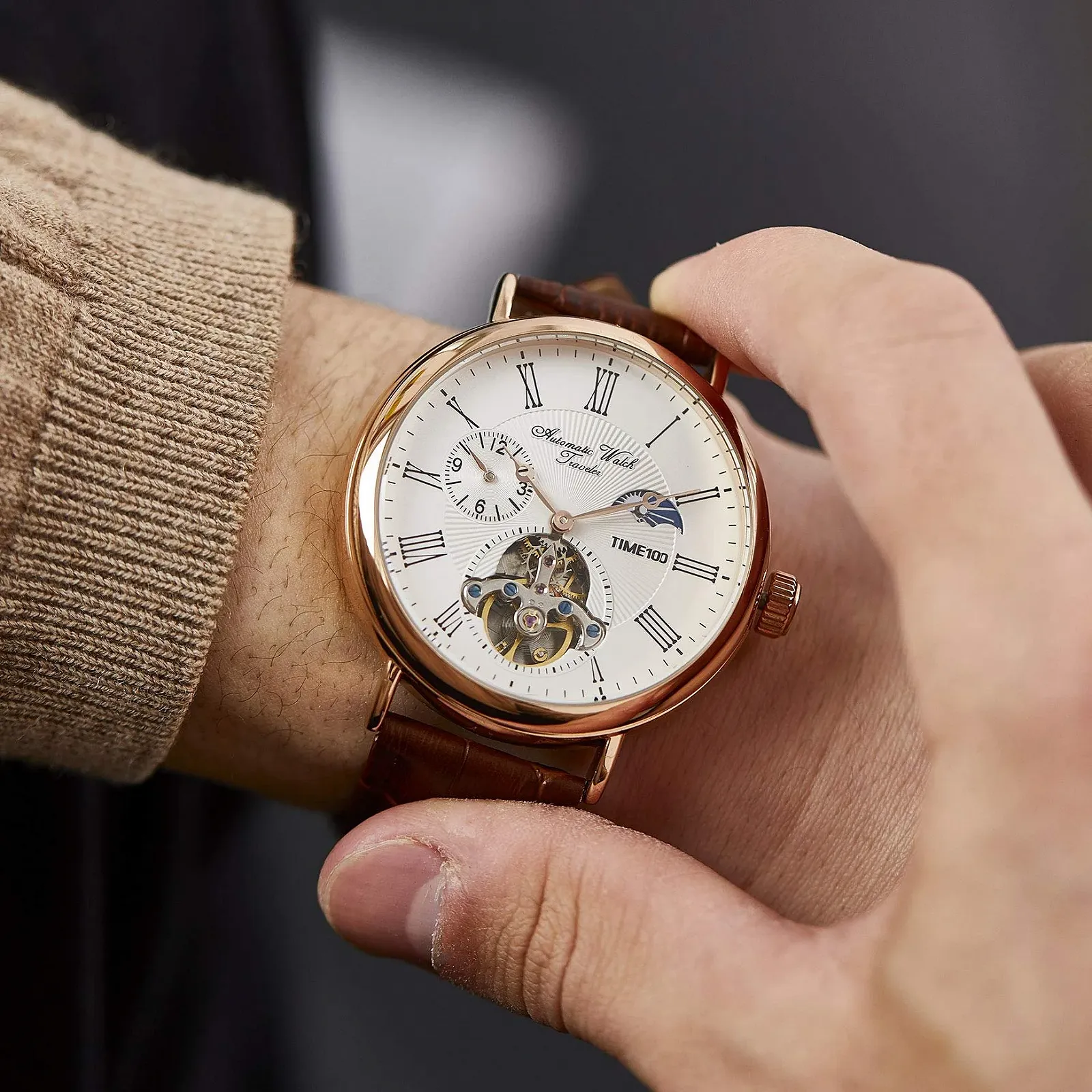 Мужские Автоматические Механические Часы Time100 Multifunction Moon Sun, фото №4 Мужские Автоматические Механические Часы Time100 Multifunction Moon Sun, фото №4