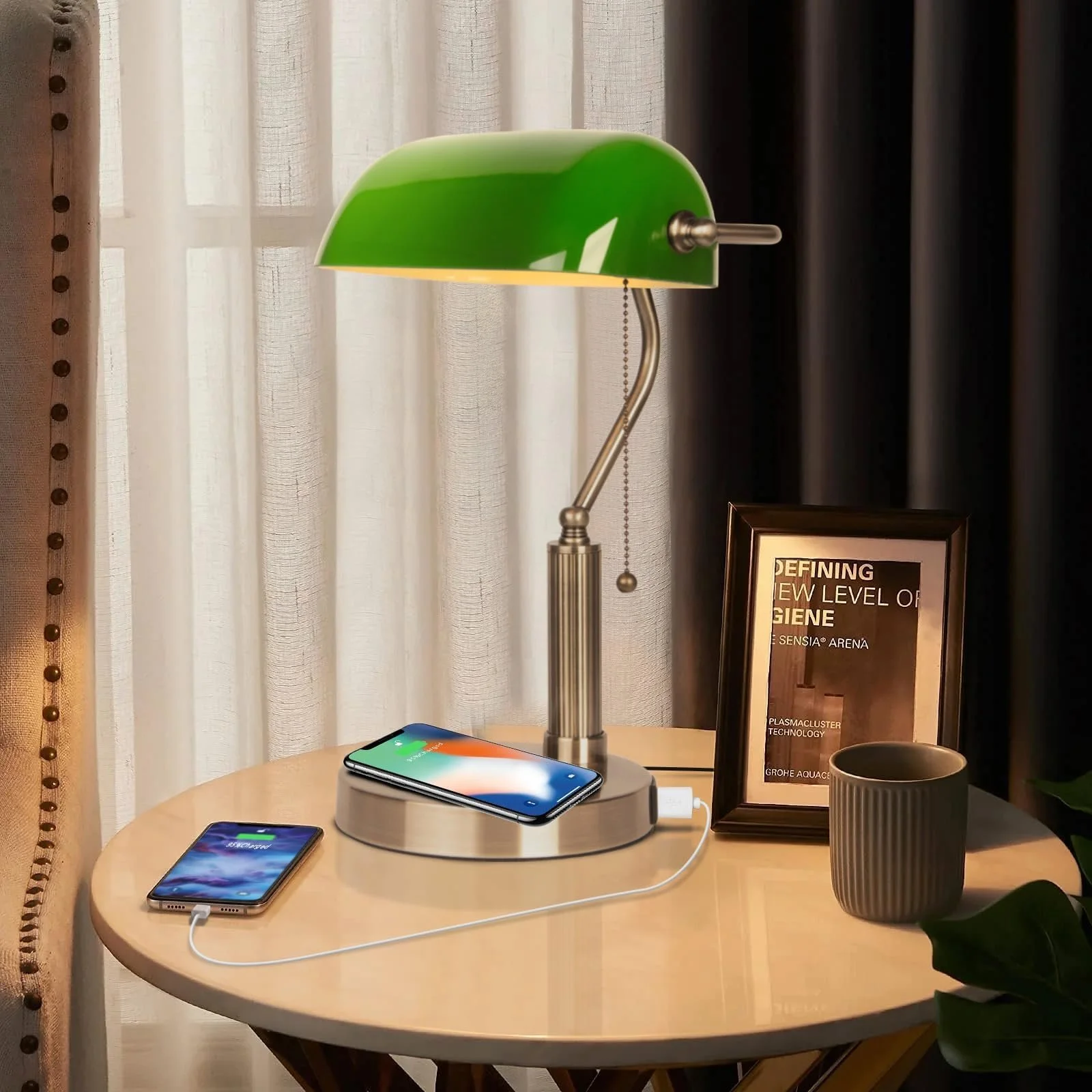 Настільна лампа FIRVRE Vintage LED Скляна Банківська Бездротова зарядка USB-порт Зелена, фото №5