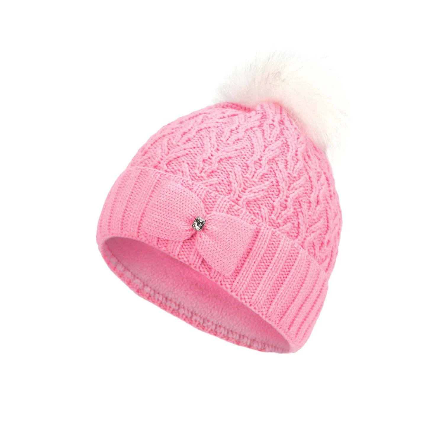Вязаная шапка Marhatter Зимняя для девочек с помпоном с бантом и блестящими камнями, розовая, фото №1