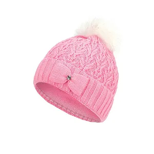 Вязаная шапка Marhatter Зимняя для девочек с помпоном с бантом и блестящими камнями, розовая - Фото 1