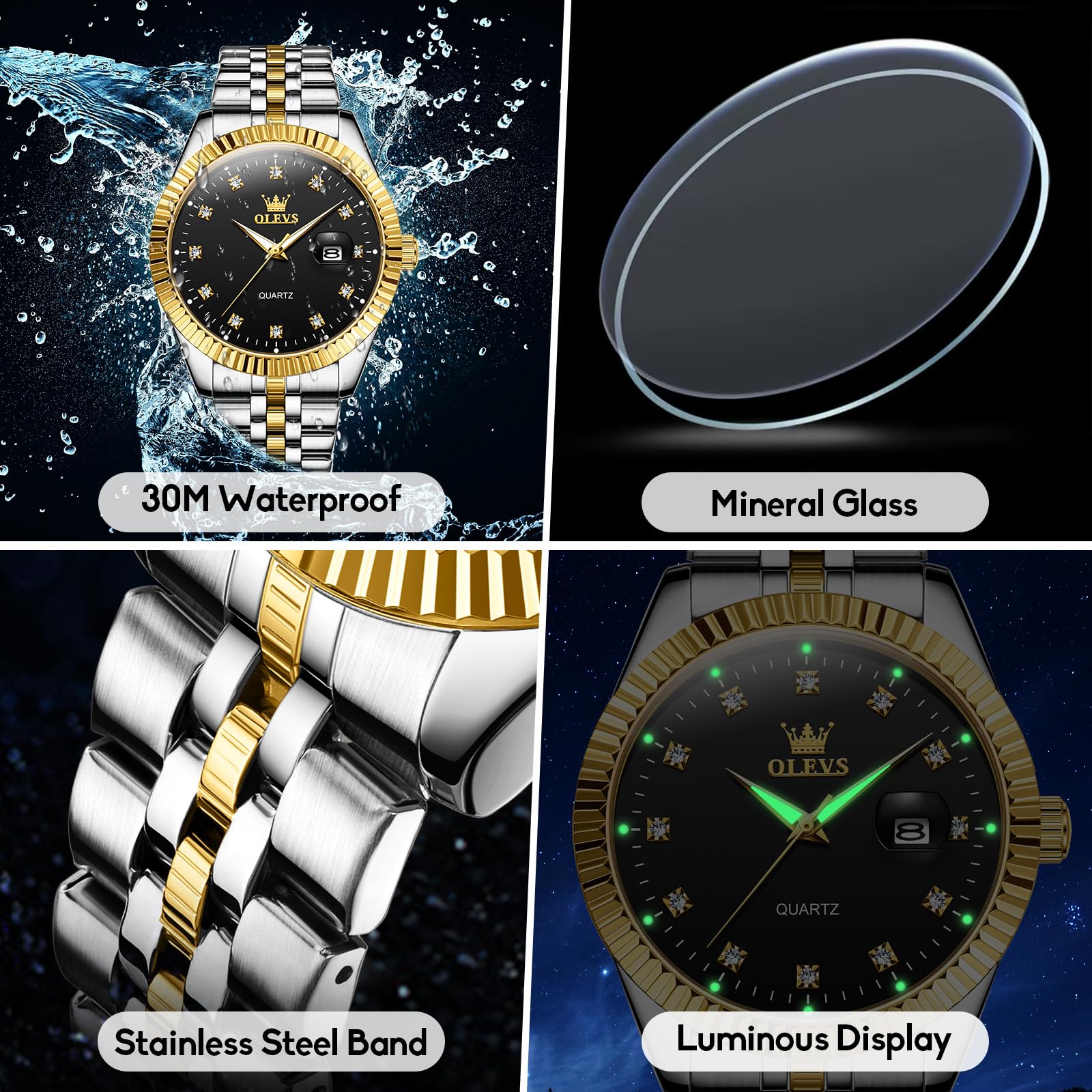 Мужские часы OLEVS Luxury A2 Большой циферблат из нержавеющей стали аналоговый кварцевый с датой водонепроницаемый люминесцентный A2, черный циферблат/золотой серебряный ремешок, браслет, фото №5