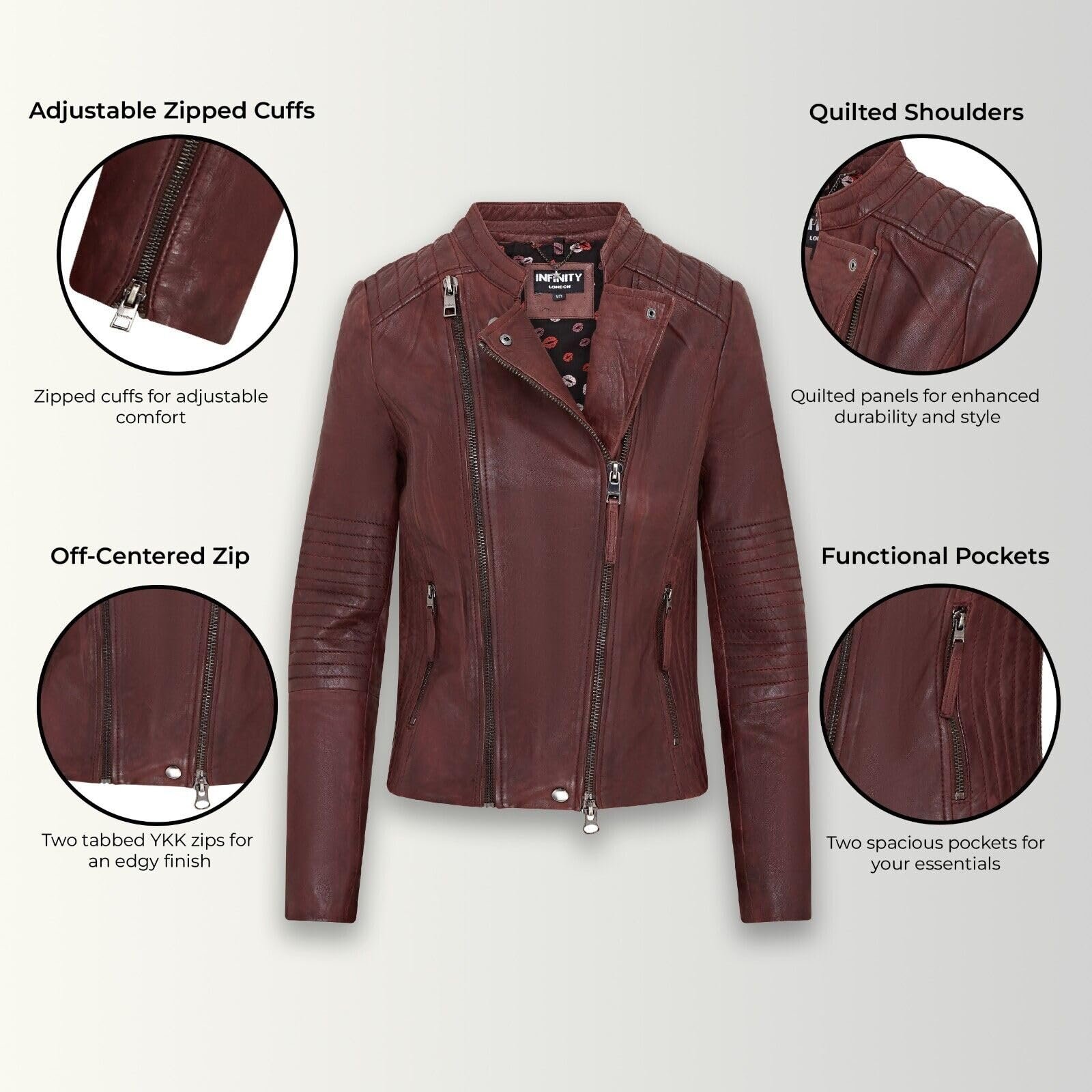 Кожаная Куртка Infinity Leather Классическая Мотоциклетная стеганая бордового цвета для женщин, фото №2