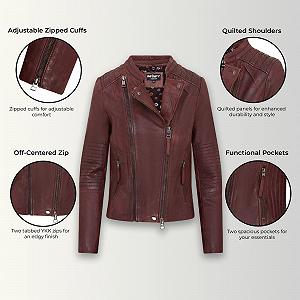 Кожаная Куртка Infinity Leather Классическая Мотоциклетная стеганая бордового цвета для женщин synthetic.ua - Фото 1