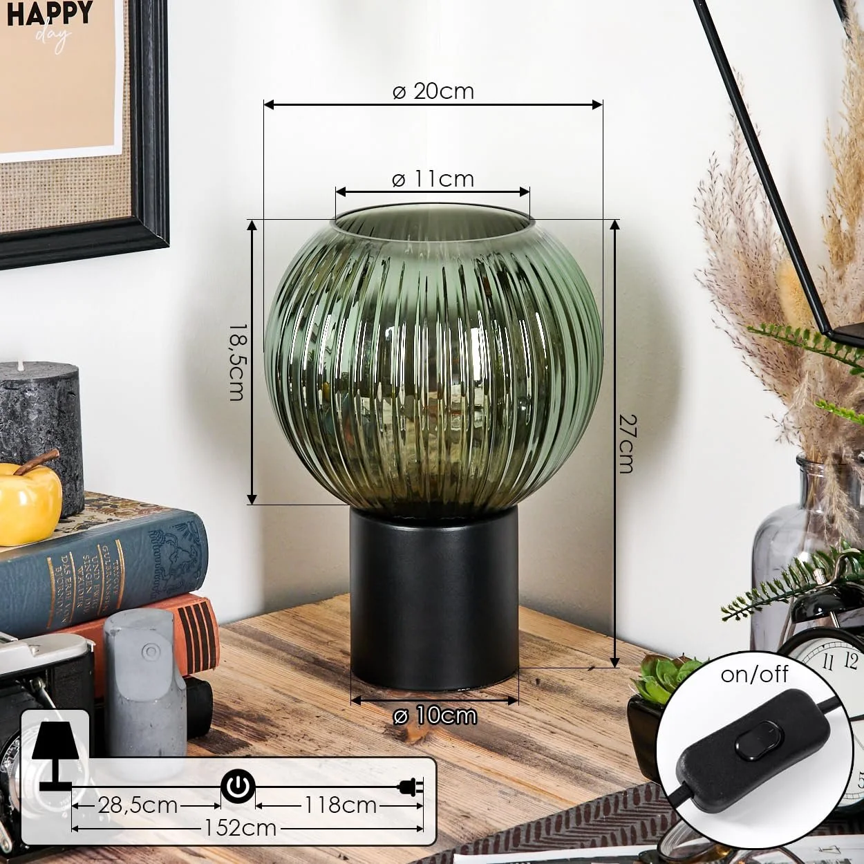 Настільна лампа HOFSTEIN Koyoto метал/рифлене скло Ø 20 см E27 Чорний/Зелений, фото №4
