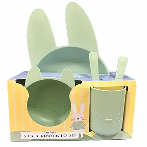 Набор детской посуды eBoutik Пасхальный 5 предметов: тарелка в форме забавного кролика, миска, вилка, ложка и чашка Зеленый synthetic.ua - Фото 1