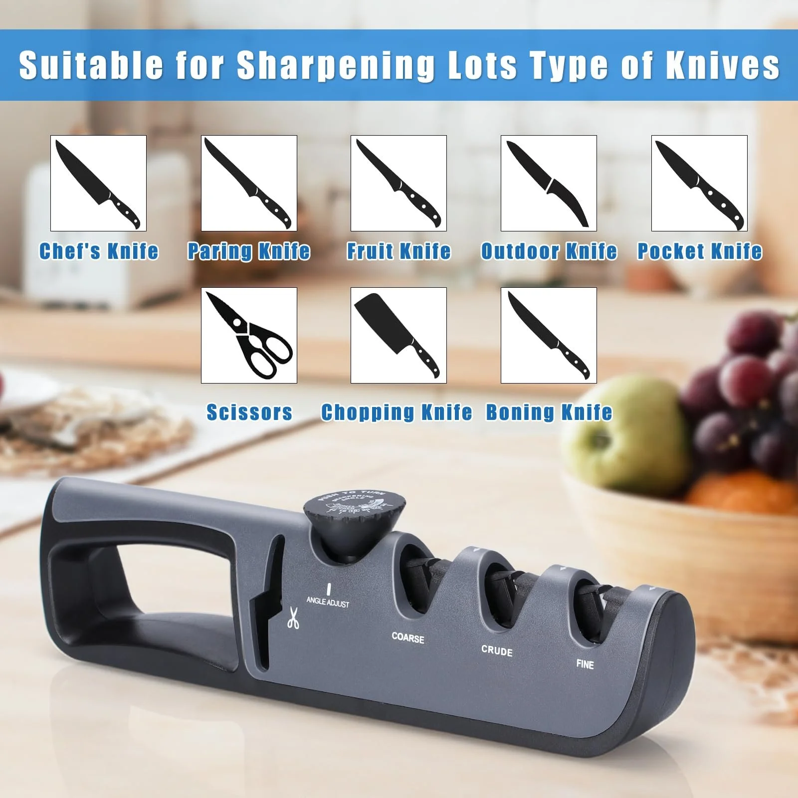 Точило для ножів Alyvisun Ручне Професійне 4-в-1 Ергономічна ручка Нековзна основа Чорне, фото №6