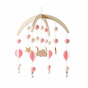 Мобиль Baby Wind Chimes Baby с деревянными элементами, фетровыми шариками, 3D Луна, Звезды, Облака, Слоны, подвесной звонок для детской кроватки, для мальчиков и девочек (розовый) - Фото 1