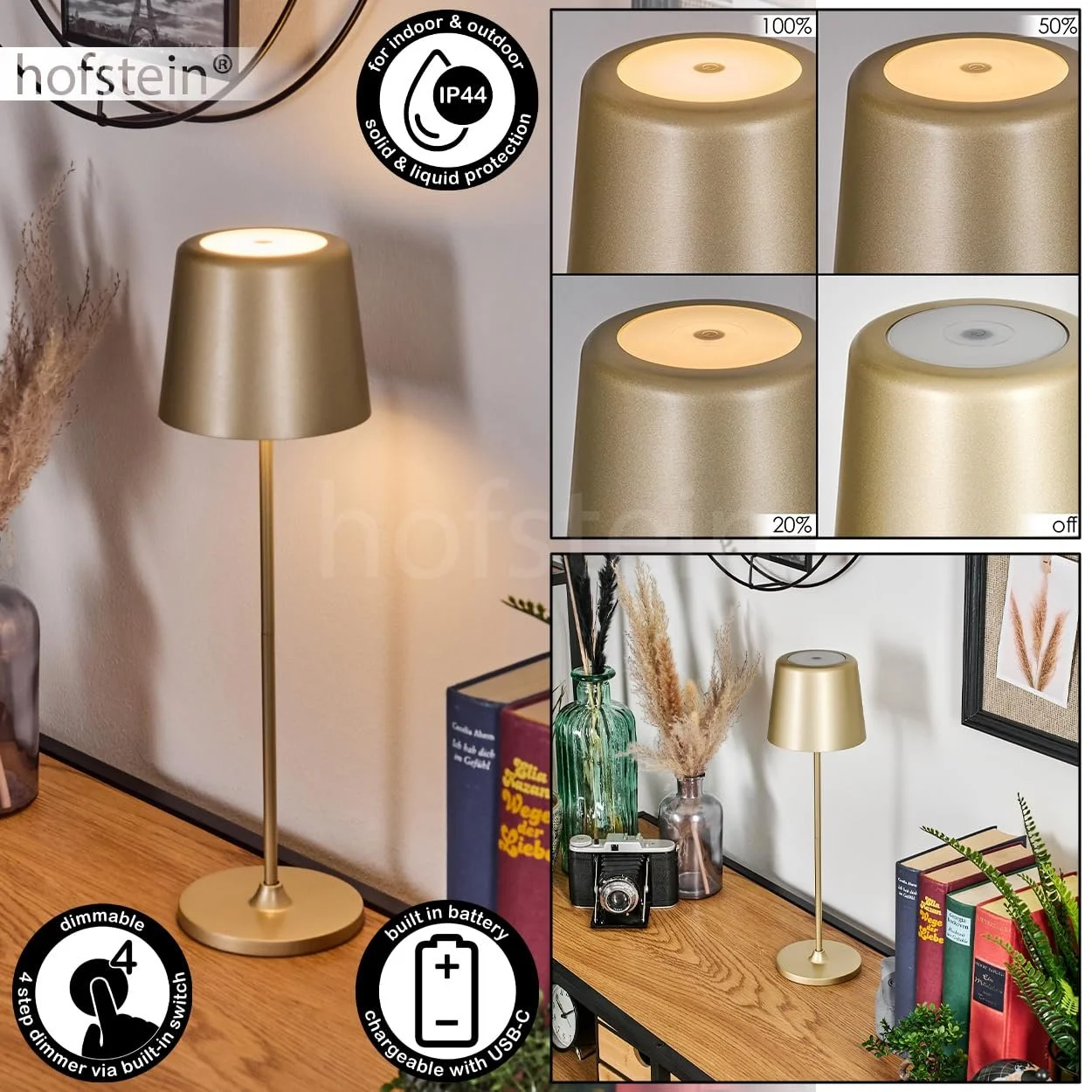 Настільна лампа Belece LED димована метал/пластик USB-C акумулятор 2 Ват 310 Люмен 3000 Кельвін золотий/білий, фото №2