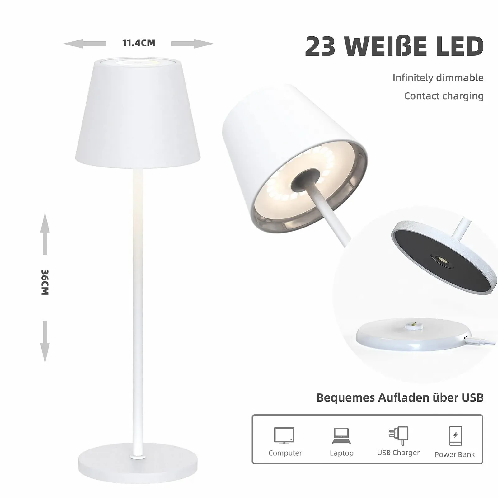 Настільна лампа LED Набір 2 шт. Сенсорна з регулюванням яскравості IP54 Водонепроникна Алюміній Бездротова Біла, фото №2