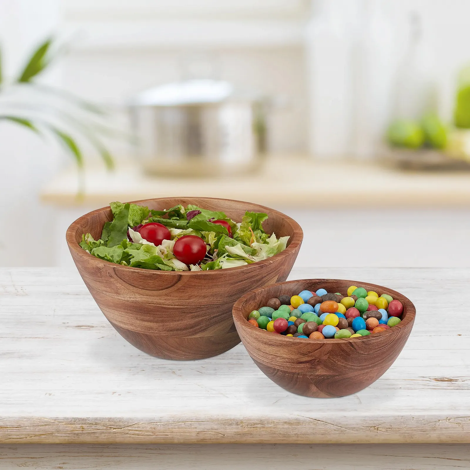 Салатница Relaxdays Набор из 2 штук Дерево акации Диаметр 19 см и 25 см Круглая Коричневый, фото №2