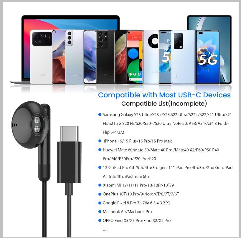 Навушники In-Ear USB C з кабелем USB Type C з мікрофоном та регулюванням гучності для Huawei One Plus Google Samsung Xiaomi, фото №4
