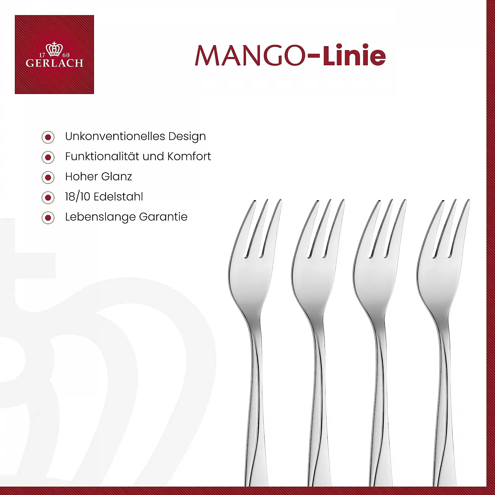 Вилка для торта Gerlach 1760 Mango, набір 6 штук, нержавіюча сталь, сріблястий, фото №2 Вилка для торта Gerlach 1760 Mango, набір 6 штук, нержавіюча сталь, сріблястий, фото №2