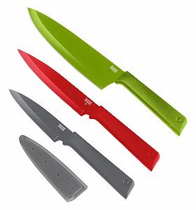 Набір ножів KUHN RIKON Colori+ Essential, 3 шт, ніж для чищення овочів, універсальний ніж, ніж шеф-кухаря, нержавіюча сталь, із захистом леза, антипригарне покриття, зелений/червоний/сірий - Фото 1