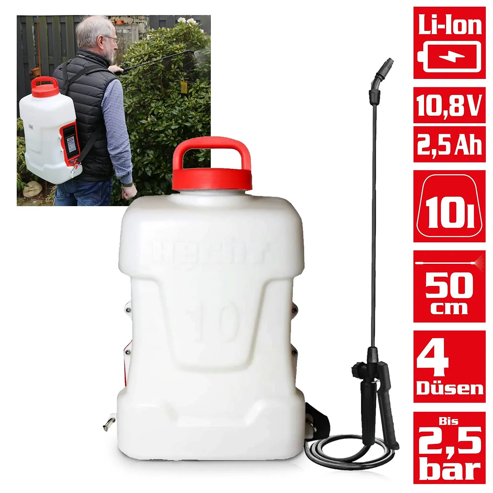Акумуляторний ранцевий обприскувач HECHT Strong Pressure 10.8 В 2.5 А·год 10 л 4 форсунки 2.5 бар 50 см, фото №9 Акумуляторний ранцевий обприскувач HECHT Strong Pressure 10.8 В 2.5 А·год 10 л 4 форсунки 2.5 бар 50 см, фото №9