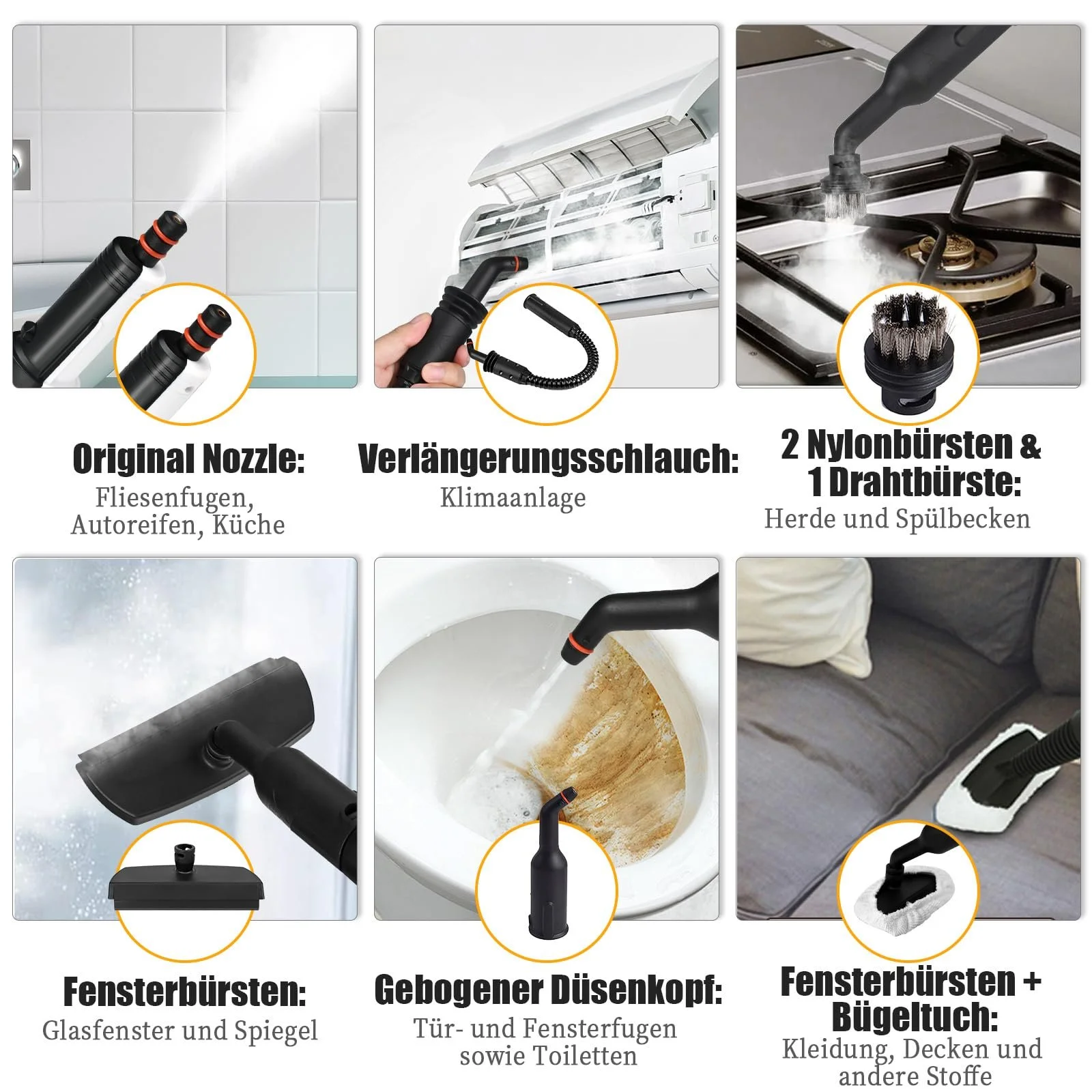 Пароочисник 430 мл 1200 Вт 3.5 бар з 9 насадками та підсвіткою, фото №6 Пароочисник 430 мл 1200 Вт 3.5 бар з 9 насадками та підсвіткою, фото №6