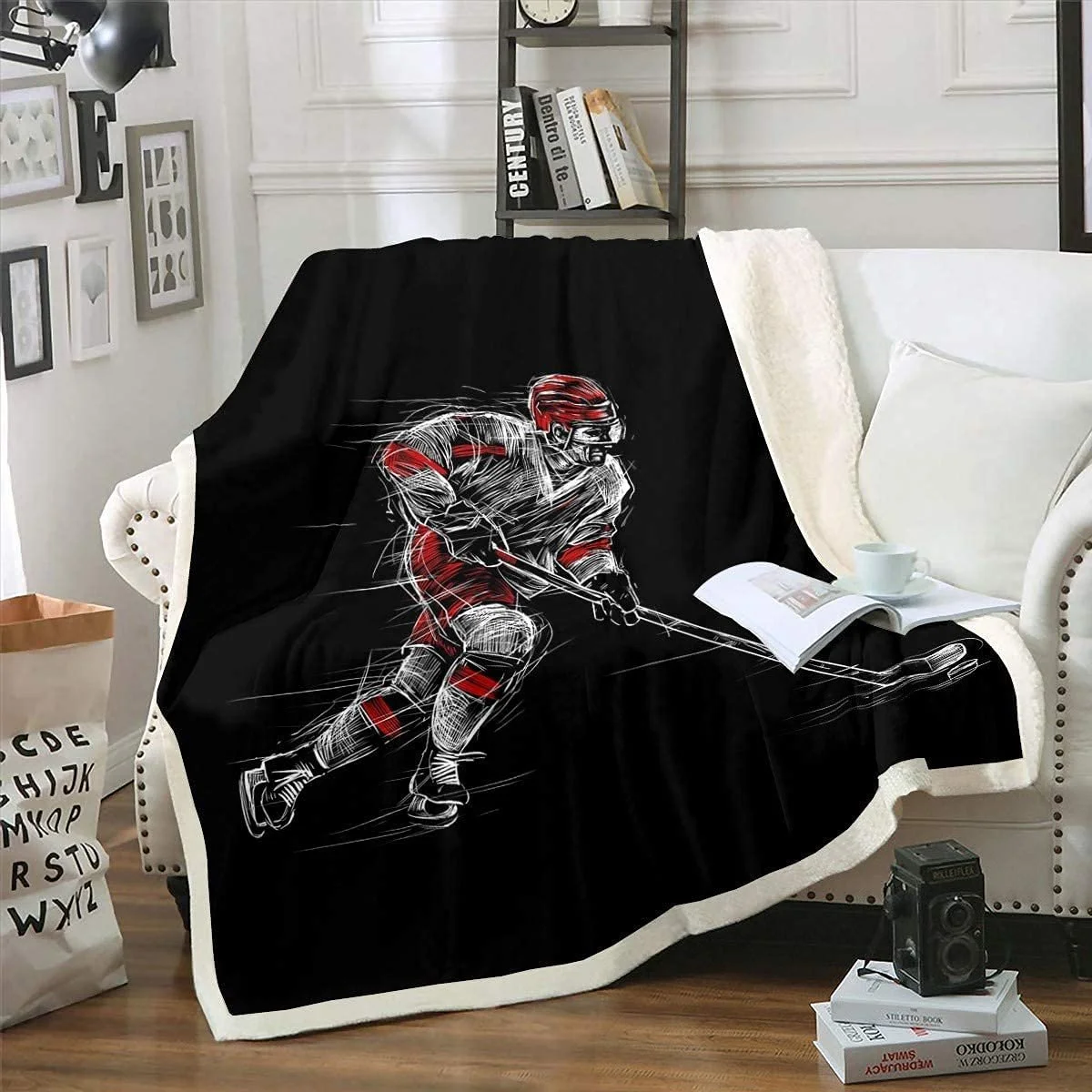 Одеяло Homemissing Ice Hockey Flannel Fleece Зимнее одеяло на тему хоккея 150 x 200 см для дивана кровати Кушетка с принтом хоккеиста Мягкое одеяло Черное Зимние виды спорта Хобби Комнатный декор, фото №1